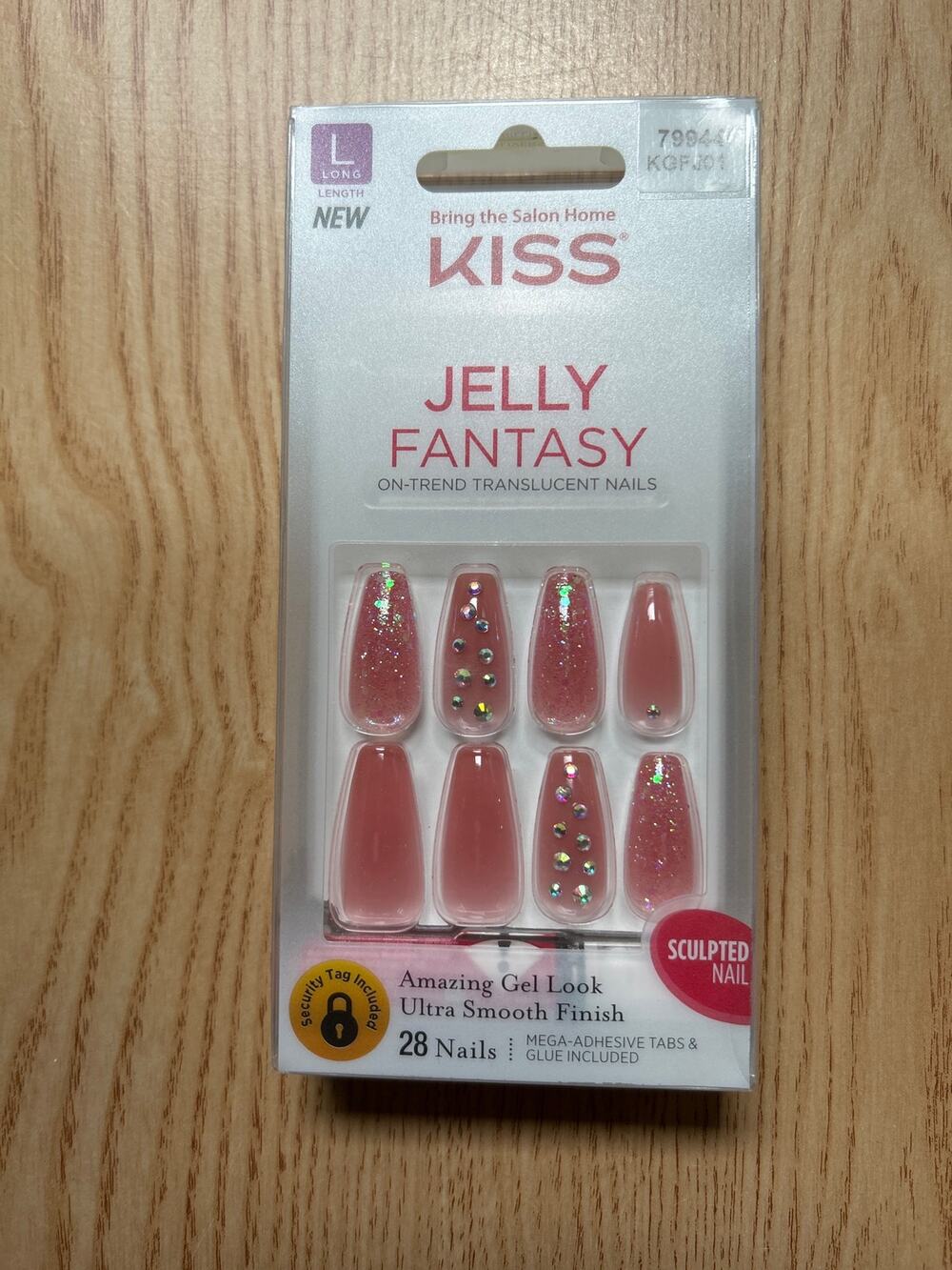 New Kiss Jelly Fantasy 28pc Ready-to-Wear Nails Beaded Tabs Glue Set Dust Pink